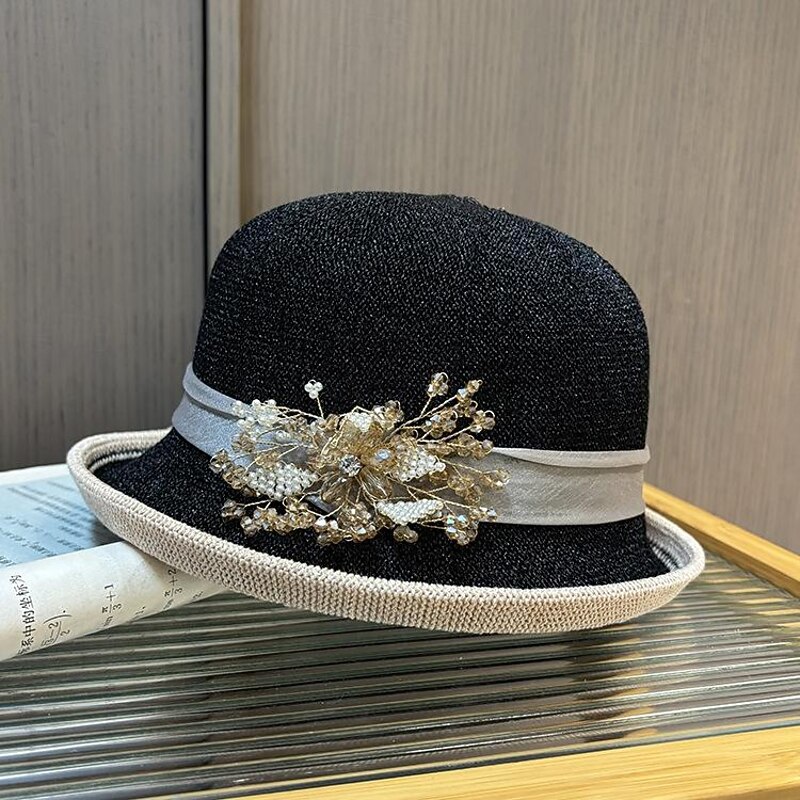 Fascinators Hats Headwear Acrylic / Cotton Straw Bowler / Cloche Hat Bucket Hat Straw Hat Casual Holiday Elegant Vintage With Rhinestone Bows Headpiece Headwear4
