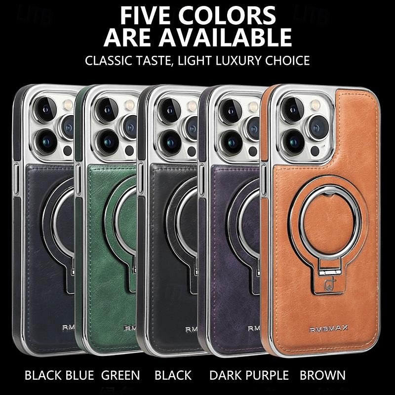 Phone Case For iPhone 16 15 14 Pro Max Plus 13 12 11 Pro Max Back Cover Ring Holder Magnetic Support Wireless Charging Retro Genuine Leather Stainless Steel