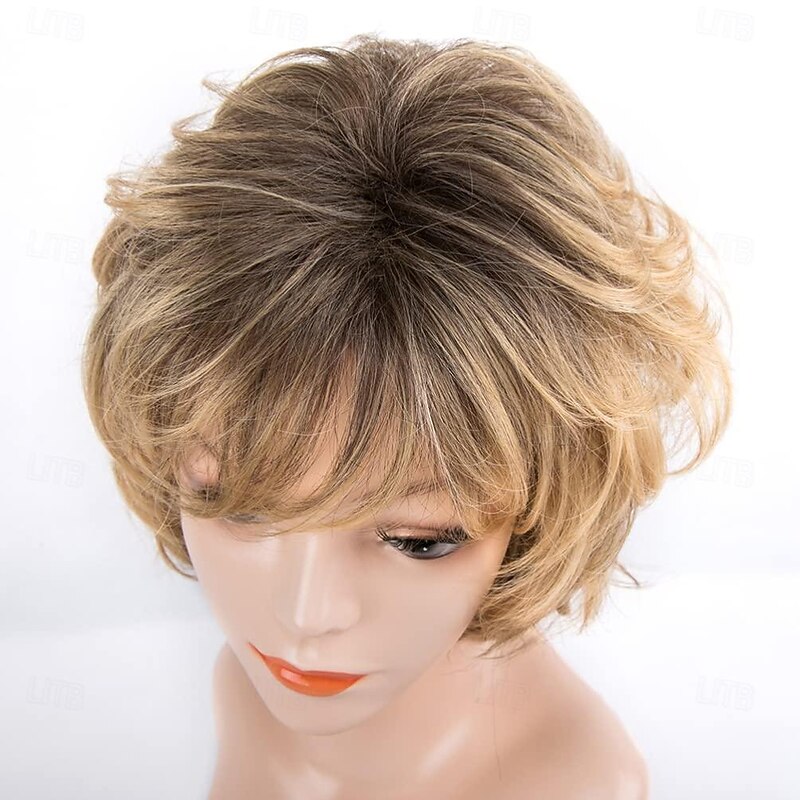 Curly Lace Wig Women Short Curly Wigs with Bangs Yellow Brown Mixed Blonde Pixie Cut Wig for Women Straight Synthetic Fiber Wigs Wavy Wig4