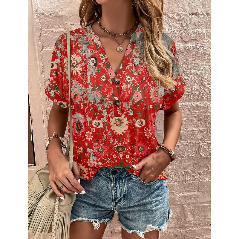 Women's T Shirt Floral Fashion Short Sleeve V Neck Regular Tops Daily Weekend Buttons Print Black White Wine Red Summer3