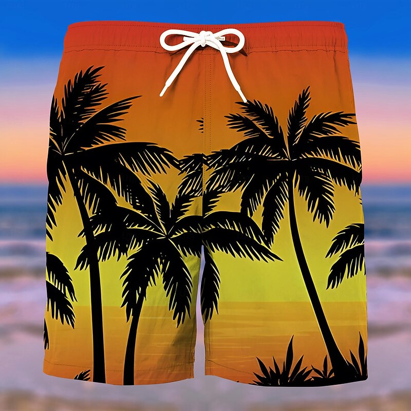 Men's Graphic Coconut Tree Swim Trunks Swim Shorts Board Shorts Mid Waist Fashion Streetwear Designer Casual Daily Holiday Pocket Drawstring Elastic Waist Designer Clothing Apparel