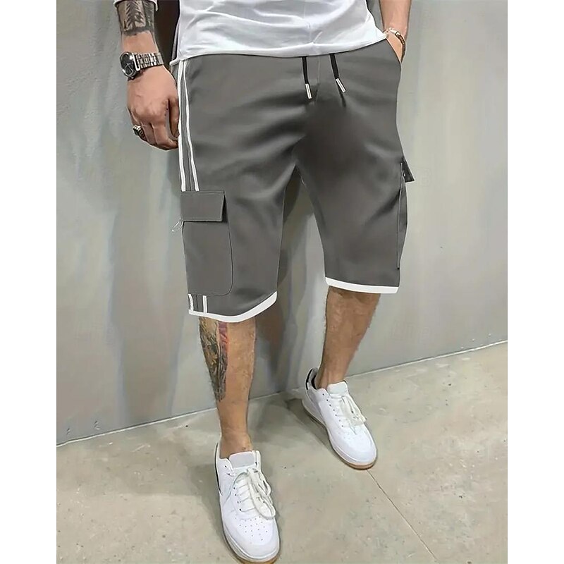 Men's Cargo Shorts Shorts Drawstring Elastic Waist Multi Pocket Color Block Wearable Short Outdoor Daily Going out Fashion Classic Black Khaki3