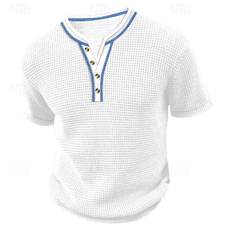 Men's Henley Shirt Short Sleeve Shirt Tee Top Solid Color Henley Outdoor Street Button Clothing Apparel Daily Hawaiian2