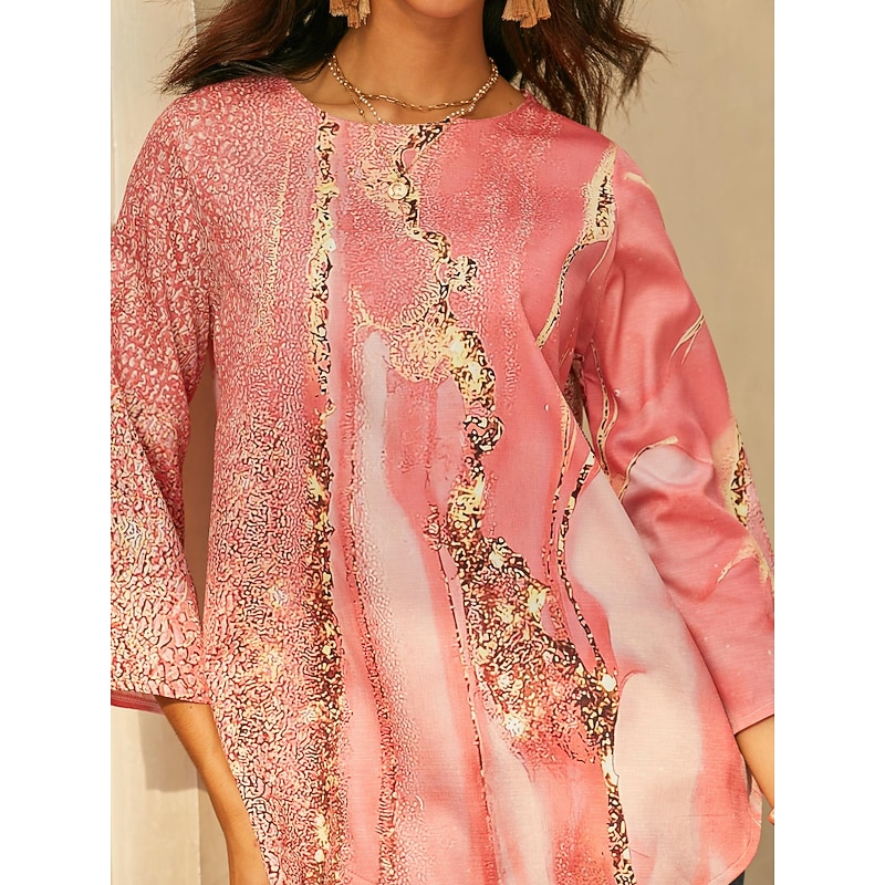 Women's Blouse Long Sleeve Asymmetrical Hem Chiffon Daily Basic Neon & Bright Abstract Print Long Tops Round Neck Casual Light Green Pink Blue Green Beige Fall & Winter3