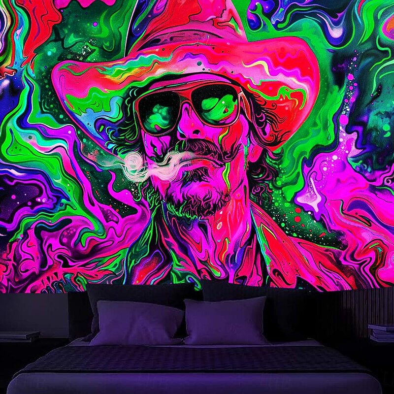 Blacklight Tapestry UV Reactive Glow in the Dark Glow Party Neon Western Cow Man Psychedelic Trippy Misty Hanging Tapestry Wall Art Mural for Living Room Bedroom3