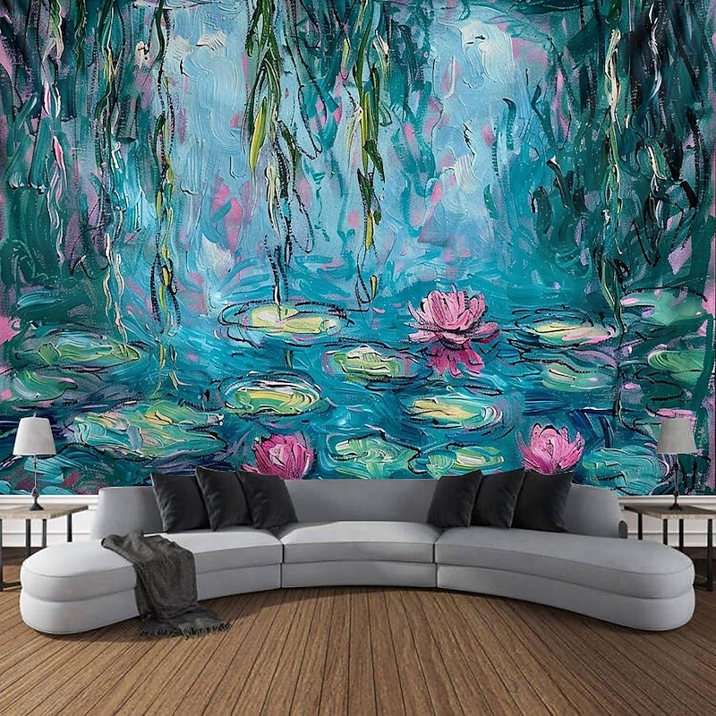 Oil Painting Lotus Hanging Tapestry Wall Art Large Tapestry Mural Decor Photograph Backdrop Blanket Curtain Home Bedroom Living Room Decoration 7