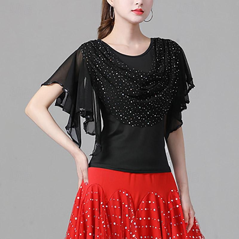 Latin Dance Ballroom Dance Top Ruffles Pure Color Splicing Women's Performance Training Short Sleeve High Polyester4