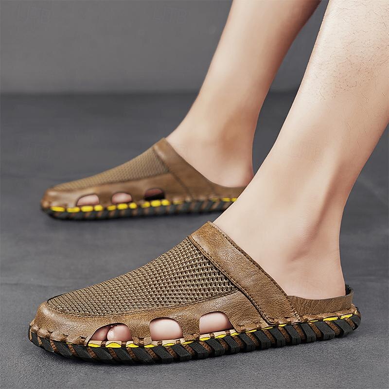 Men's Sandals Slippers Fashion Sandals Handmade Shoes Comfort Shoes Walking Casual Daily Vacation Beach PU Breathable Comfortable Slip Resistant Black Brown Khaki Summer Fall2