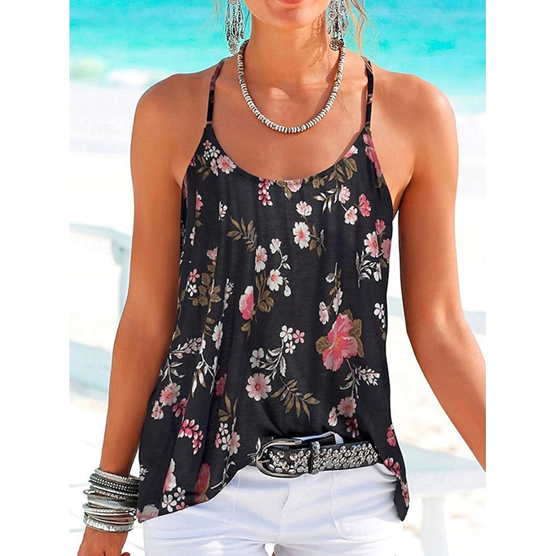 Women's Camisole Tank Top Casual Floral Print Sleeveless Regular Tops U Neck Vacation Black Summer