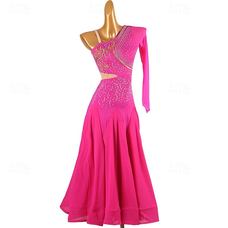 Ballroom Dance Dress Rhinestone Women's Performance Training Long Sleeve High Chiffon Chinlon Tulle