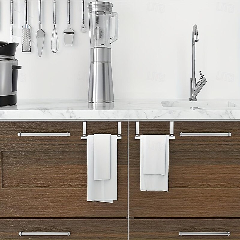 2pcs Stainless Steel No-Drill Over-the-Door Towel Rack: Perfect for Kitchen Cabinet Doors, Back of Doors, Ideal for Hanging Dishcloths, Towels, providing Convenient Storage and Organization2