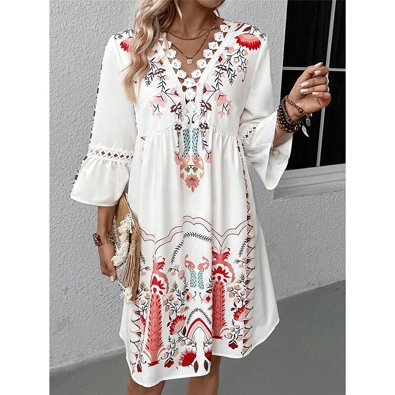Women's Mini Dress Petite Dress Casual Dress Summer Dress Boho Dress Stylish Casual Vacation Daily Date Regular Fit Floral 3/4 Length Sleeve V Neck Black Red Fuchsia Apricot Summer2