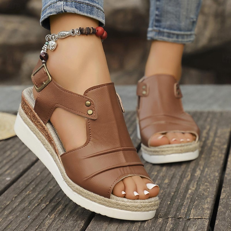 Women's Red and Brown Platform Sandals – Faux Leather Espadrille Wedge Sandals with Buckle Strap for Summer Travel, Beach Outings, and Casual Wear4
