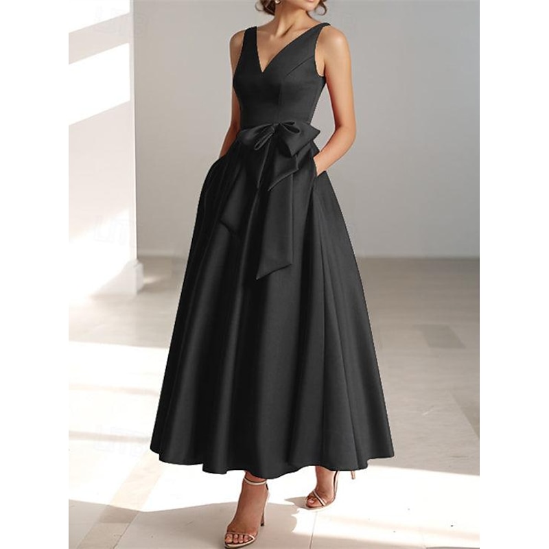 Beach Wedding A-Line Cocktail Dresses Elegant Dress Wedding Guest Kentucky Tea Length Sleeveless V Neck Pocket Satin with Bow(s) Dresses