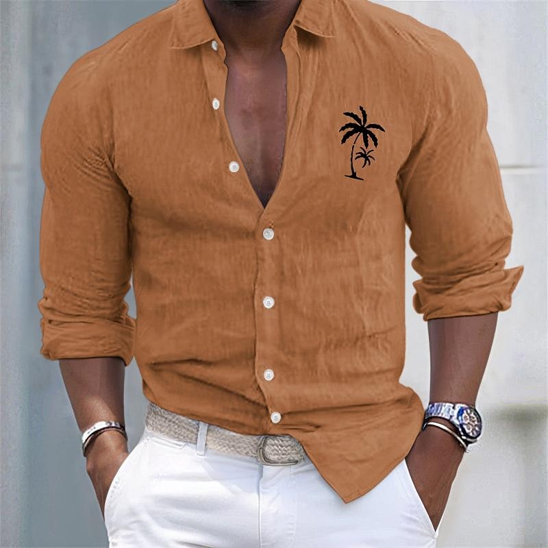 Men's Shirt Linen Shirt Cotton Linen Shirt White Cotton Shirt Minimalist Aloha Shirt Casual Shirt Coconut Tree Vacation Hawaiian Black White Pink Gray Long Sleeve Lapel Spring & Fall Clothing Apparel3