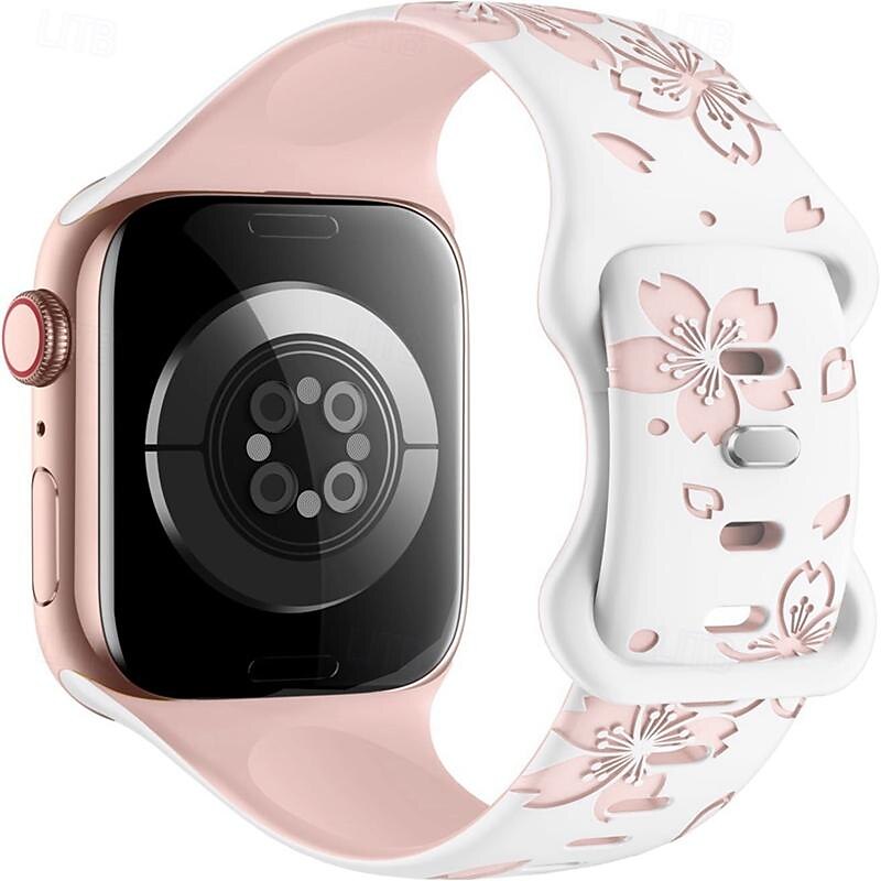 Flower Engraved Compatible with Apple Watch band 38mm 40mm 41mm 42mm 44mm 45mm 49mm Rugged Butterfly Buckle Silicone Strap Replacement Wristband for iwatch Ultra 2 Series 9 8 7 SE 6 5 4 3 2 14