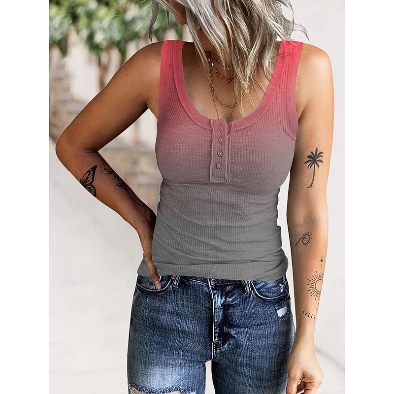 Women's Camisole Tank Top Color Gradient Casual Sleeveless U Neck Regular Tops Vacation Daily Buttons Print Pink Red Blue Purple Summer3