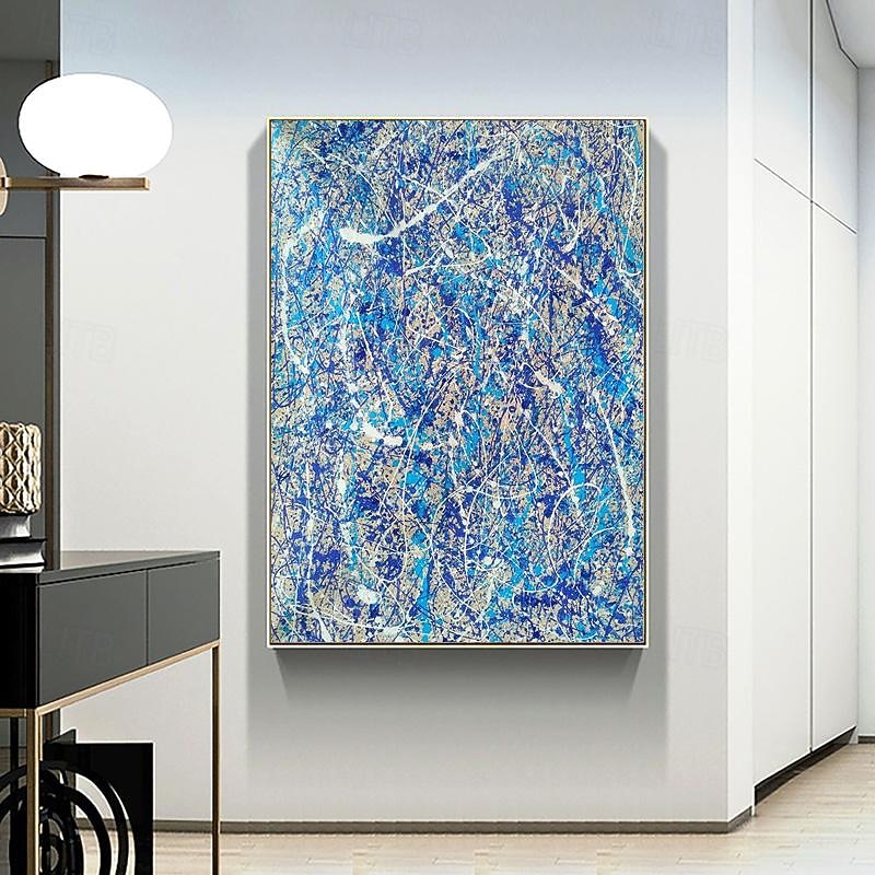 Handpainted Jackson Pollock Abstract Illustration Painting Blue White Lines Canvas Painting For Living Room Wall (No Frame)3