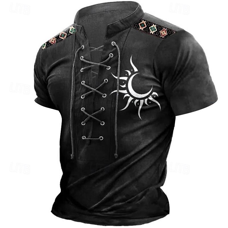 Sun Men's Ethnic Style 3D Print Henley Shirt T shirt Tee Casual Daily T shirt Black Blue Green Short Sleeve Lace Up Neck Henley Shirt Spring & Summer Clothing Apparel S M L XL XXL 3XL4