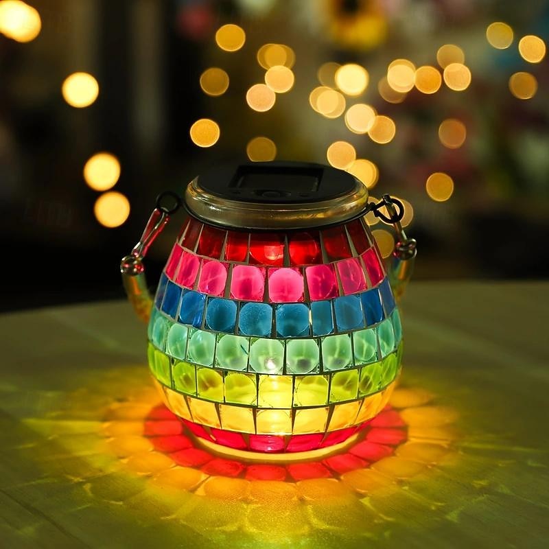 1pc Mosaic Solar Mason Can Light Outdoor Waterproof Glass Art Projection Hanging Lantern Desktop Decoration4