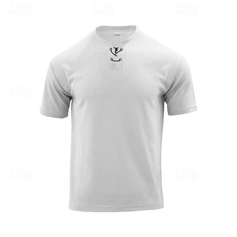 Men's 2 Piece Waffle Henley Shirt T-shirt Suits Tracksuit Short Sleeve Short Sleeves Short Pant Henley Summer Solid Color Drawing Gymnatics Casual 2 Piece Vacation Daily Wear Activewear Black White2