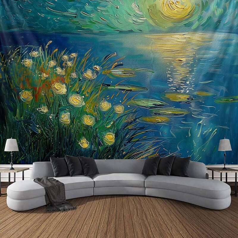 Oil Painting Lotus Hanging Tapestry Wall Art Large Tapestry Mural Decor Photograph Backdrop Blanket Curtain Home Bedroom Living Room Decoration4