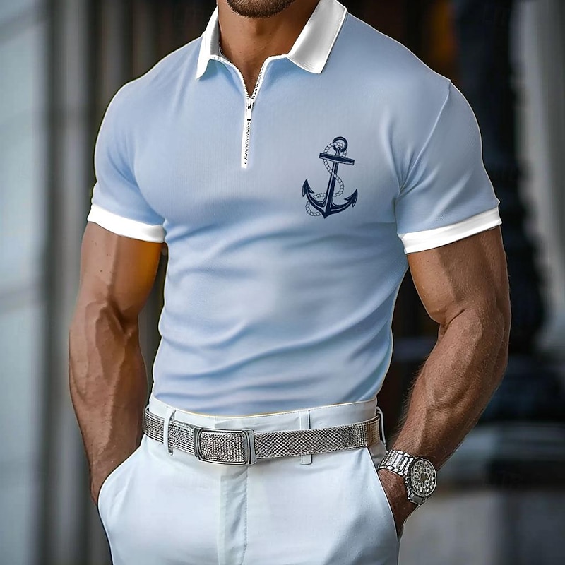 Men's Nautical Hawaiian Polo Shirts Golf Shirt Short Sleeve Polo Shirts Collared Shirts Casual Beach Wear Vacation Wear Tropical Wear Party Outfits 3D Print Quarter Zip Polo Spring & Summer Blue