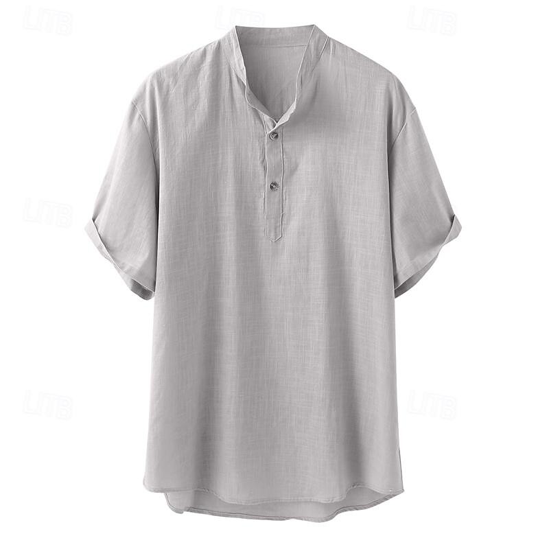 Men's Shirt Chinese Collar Shirt Mandarin Collar Shirt Casual Shirt Cotton Linen Shirt Plain Vacation Street Black Khaki Gray Light Blue Short Sleeve Band Collar Summer Clothing Apparel Button-Down4