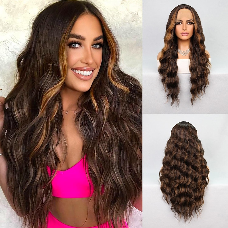 Synthetic Lace Wig Wavy Style 26 inch Multi-color Middle Part T Part Wig Women Wig sepia