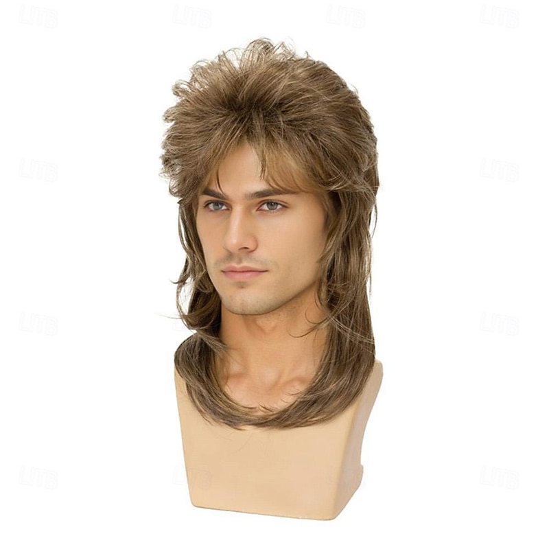 Sallcks Mens Mullet Wigs Brown Curly 70s 80s Retro Cosplay Costume Wig Rocker Disco Fancy Show Wigs - Light Brown Halloween Wigs2