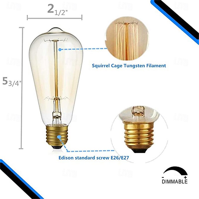 3pcs/6pcs 40W Incandescent Vintage Edison Light Bulb E27 Dimmable Retro Lamp ST58 Decorative for Home Living Room, Bedroom and Dining Room3