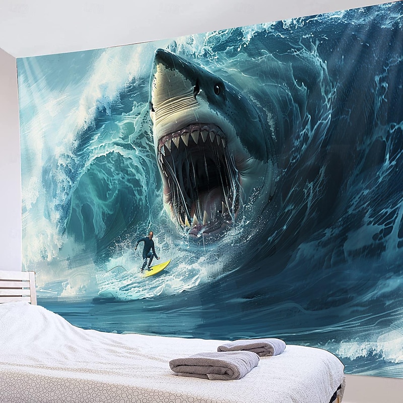 Surfing Shark Ocean Hanging Tapestry Wall Art Large Tapestry Mural Decor Photograph Backdrop Blanket Curtain Home Bedroom Living Room Decoration4