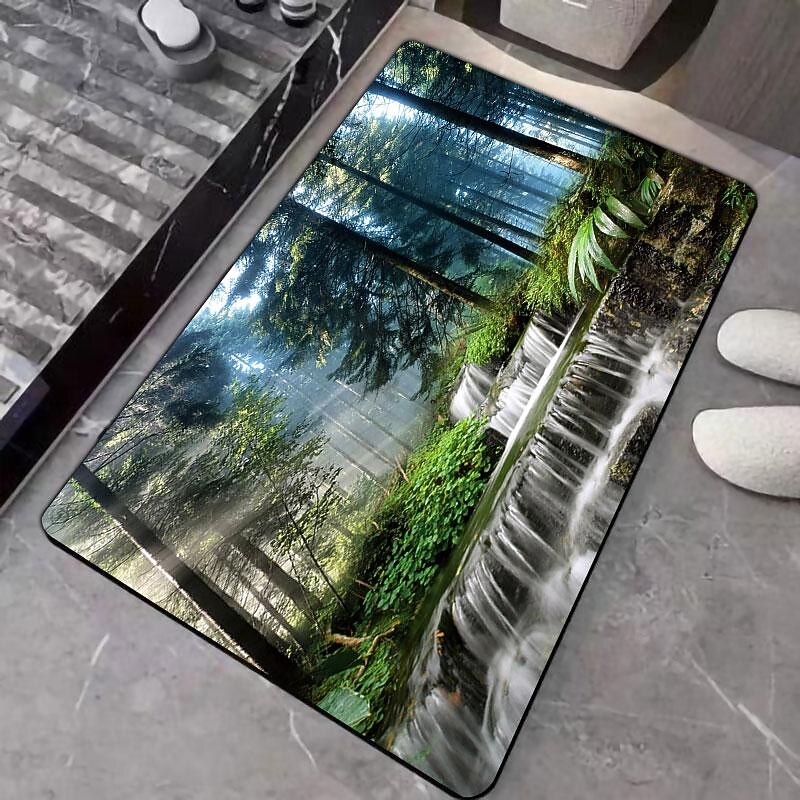 Forest Bath Mat Non-slip Deco Diatomaceous Earth Bath Mat Soft Mat Rubber Anti-Slip Fast Dry Super Absorbent Thin Bathroom Mat for Under Door - Bathroom Floor Mat Rug Bathtub Front Shower Mat Sink2