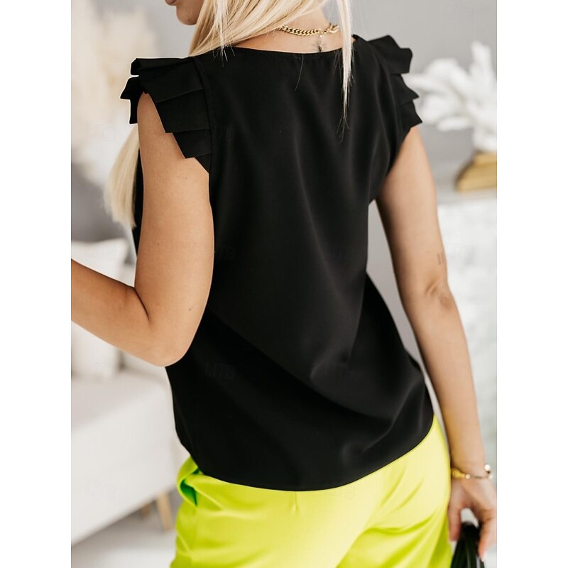 Women's Camisole Tank Top Black White Fuchsia Plain Ruffle Street Daily Fashion V Neck Regular Fit S2