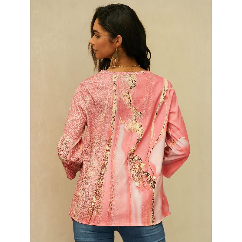 Women's Blouse Long Sleeve Asymmetrical Hem Chiffon Daily Basic Neon & Bright Abstract Print Long Tops Round Neck Casual Light Green Pink Blue Green Beige Fall & Winter2