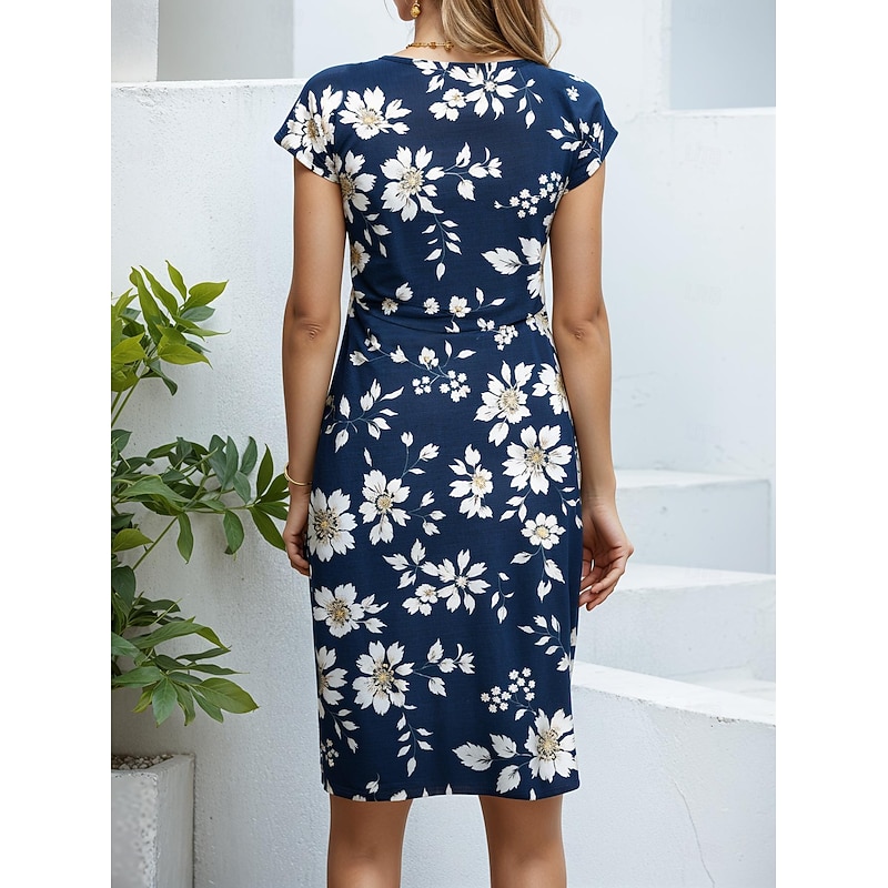 Women's Midi Dress Sheath Dress Floral Crew Neck Short Sleeve Summer2