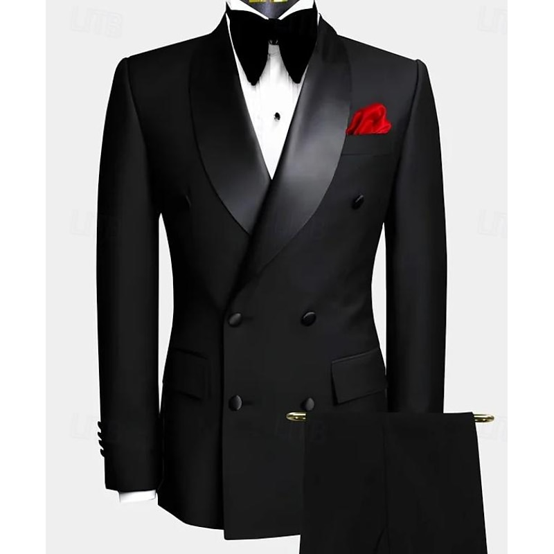 Men's Wedding Suits Shawl Lapel Shawl Collar Black White Formal Solid Colored Tailored Fit 2 Piece Double Breasted Six-buttons