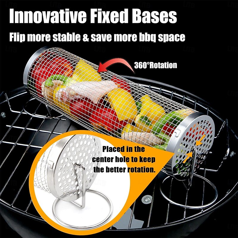 Rolling Grill Basket with Fixed Base Rotatable BBQ Vegetable Grill Basket Stainless Steel BBQ Grilling Mesh Basket for Outdoor Grill Fish Veggies Shrimp Rotisserie Fries Camping Portable BBQ4
