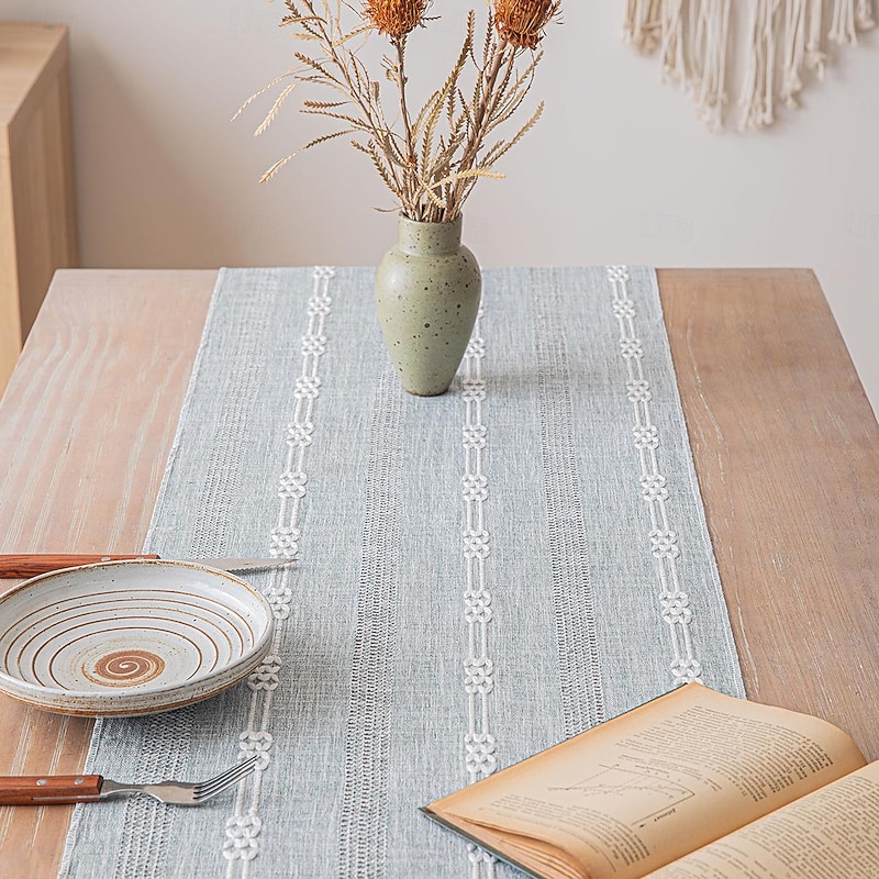 Plain Simple Striped Fringed Table Runner with Tassel 87 inch Long 35 x 220cm4