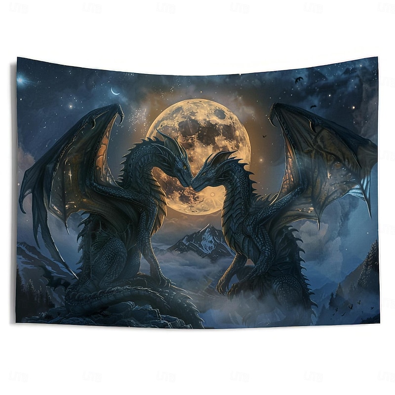Dragon Couple Moon Hanging Tapestry Wall Art Large Tapestry Mural Decor Photograph Backdrop Blanket Curtain Home Bedroom Living Room Decoration3