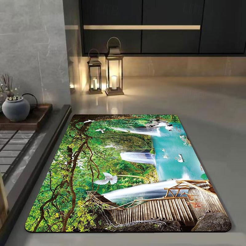 Forest Bath Mat Non-slip Deco Diatomaceous Earth Bath Mat Soft Mat Rubber Anti-Slip Fast Dry Super Absorbent Thin Bathroom Mat for Under Door - Bathroom Floor Mat Rug Bathtub Front Shower Mat Sink3