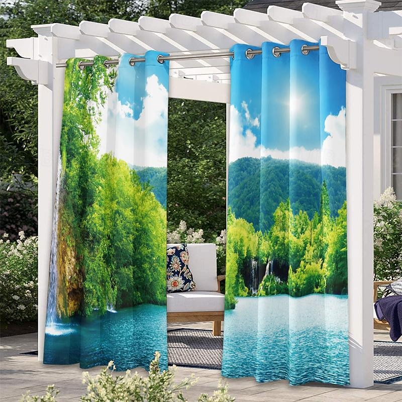 Outdoor Curtains for Patio Waterproof Blackout Outside Deck for Gazebo Pavilion Pergola Arbor Sun Room, 2 Panels, Waterfall River2