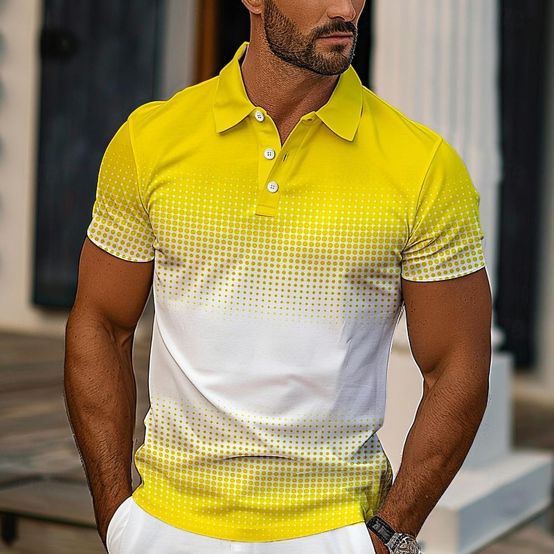 Men's Polka Dot Polo Shirts Golf Shirt Short Sleeve Polo Shirts Collared Shirts Vacation Wear Formal Wear Festival Wear Buttons 3D Print Spring & Summer Light Yellow Lake blue