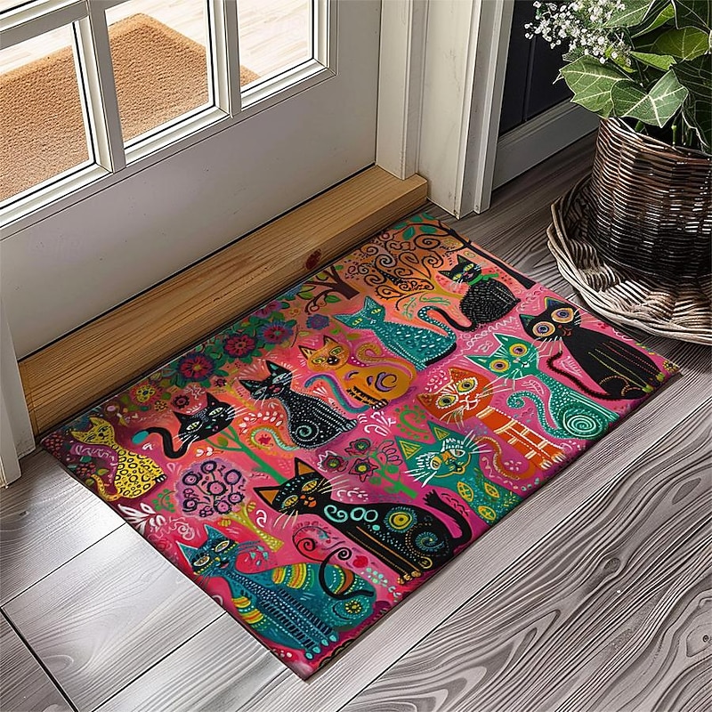 Folk Art Cats Doormat Kitchen Mat Floor Mat Non-Slip Area Rug Oil Proof Rug Indoor Outdoor Mat Bedroom Decor Bathroom Mat Entrance Entreyway Rug3