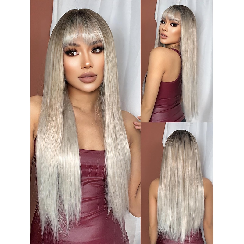 Synthetic Wig Uniforms Career Costumes Princess Straight kinky Straight Middle Part Layered Haircut Machine Made Wig 28 inch Light Blonde Synthetic Hair 28 inch Women's Cosplay Party Fashion Blonde