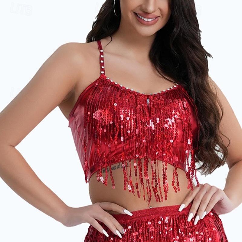 Belly Dance Top Glitter Tassel Pure Color Women's Performance Training Sleeveless High Polyester