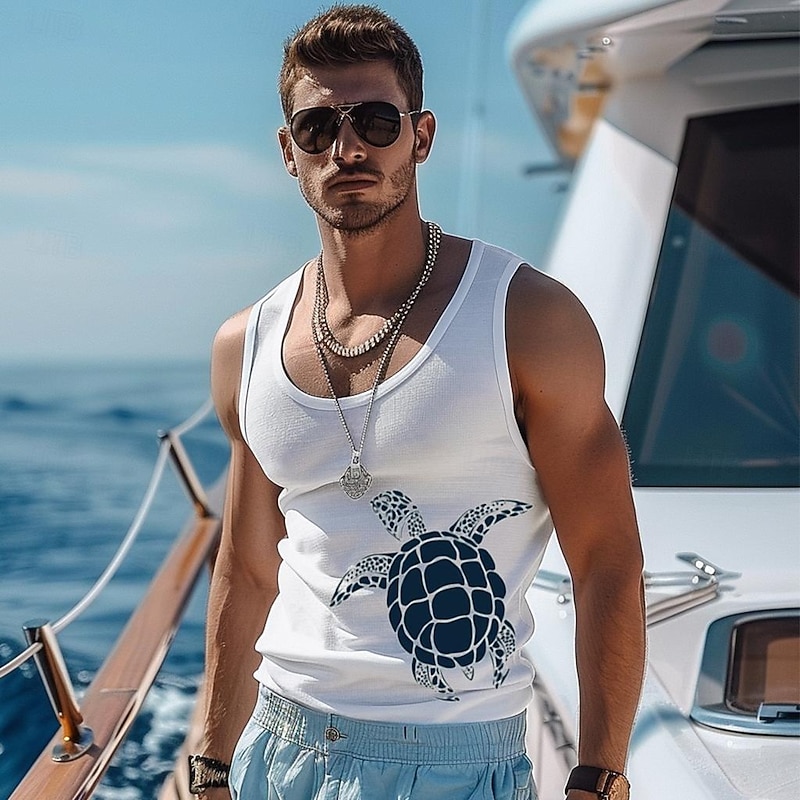 Men's 100%Cotton 3D Print Tank Top Graphic Fashion Outdoor Casual  Vest Top Undershirt Street Casual Daily T shirt White Blue Sleeveless Crew Neck Shirt Spring & Summer Clothing Apparel