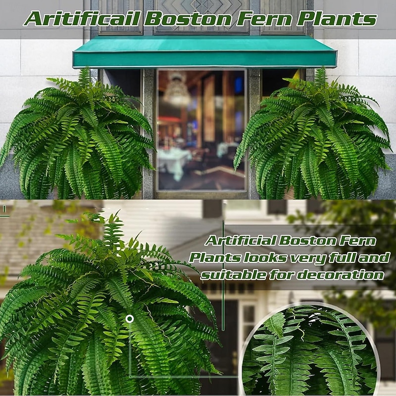 Growhabity Ferns, UV Resistant Lifelike Artificial Boston Fern, Artificial Ferns for Outdoors, Faux Ferns Fake Ferns Artificial Plants, Fake Boston Fern for Porch Window Home Decor(Needed 4 Bundle to fill a pot the size of the one in the AD)3