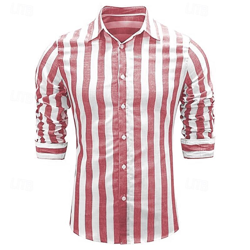 Men's Shirt Linen Shirt Casual Shirt Cotton Shirt Striped Shirts Stripes Vacation Hawaiian Yellow Red Navy Blue Blue Long Sleeve Lapel Spring &  Fall Clothing Apparel Button-Down4