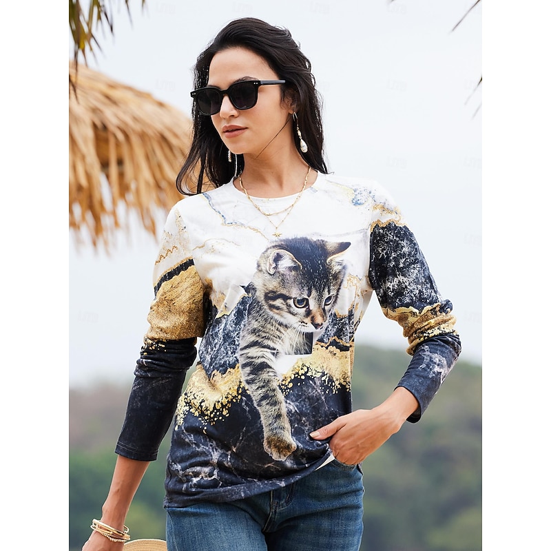 Women's T shirt Crew Neck Long Sleeve Tunic Funny Cat Print Regular Tops Round Neck Daily Weekend Yellow Spring & Fall4